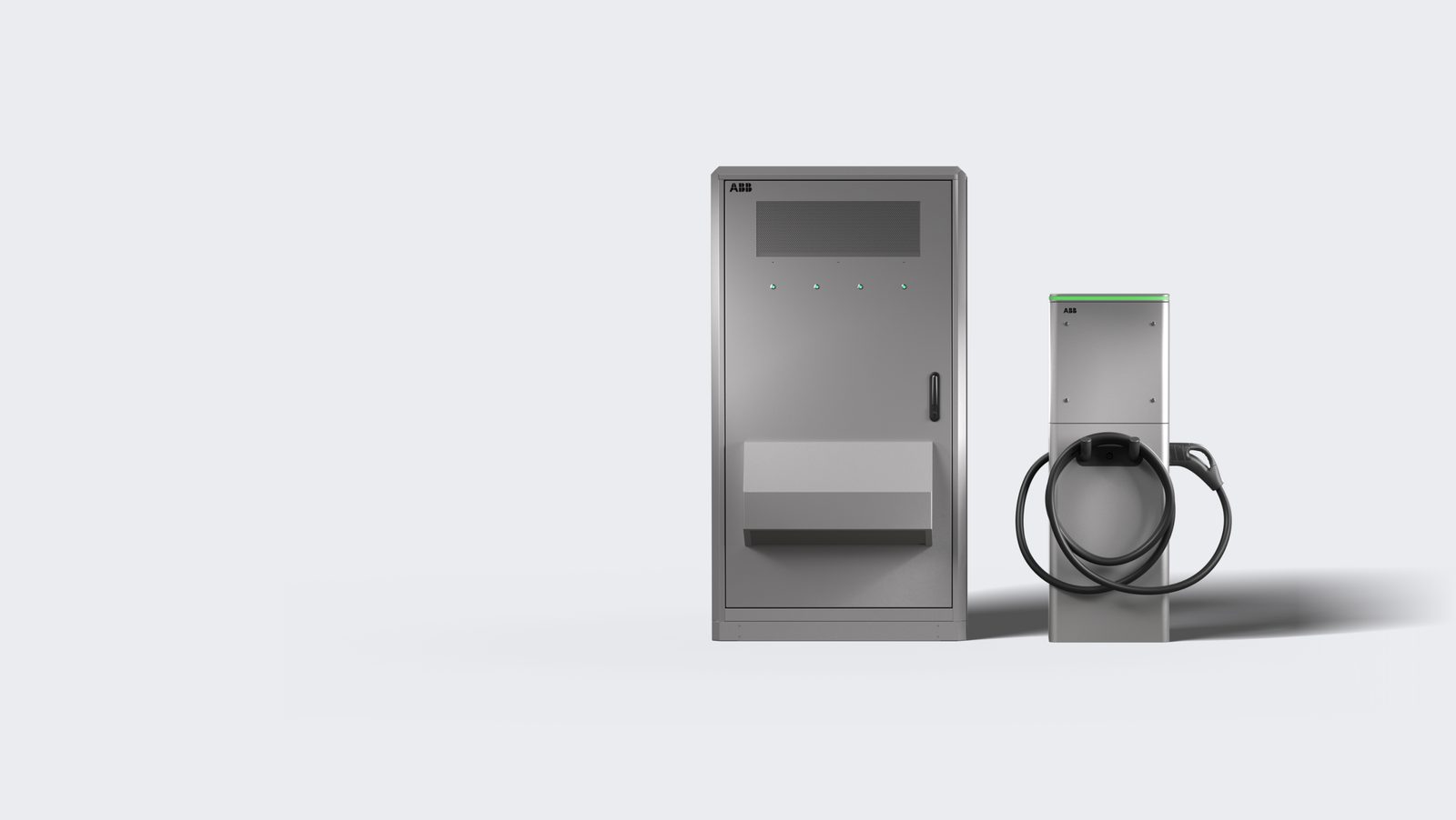 ABB E-mobility HVC360 power cabinet with a ChargeDock dispenser