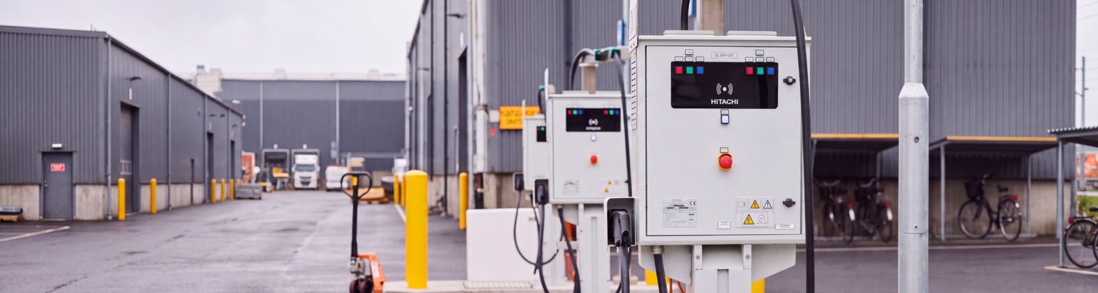 Hitachi Energy Grid-eMotion Fleet charging dispensers at a bus depot