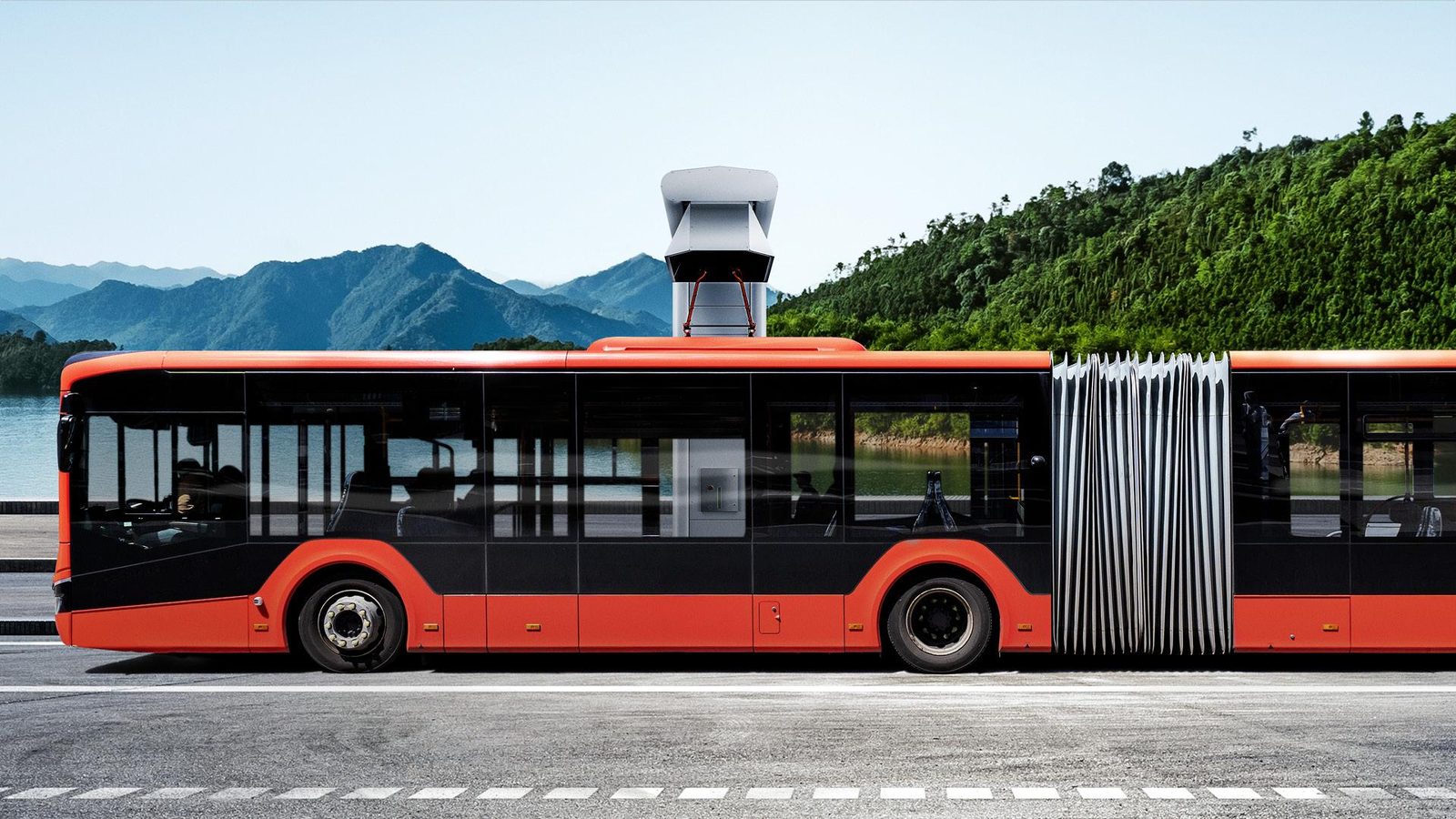 Articulated bus under a Kempower Pantograph Down