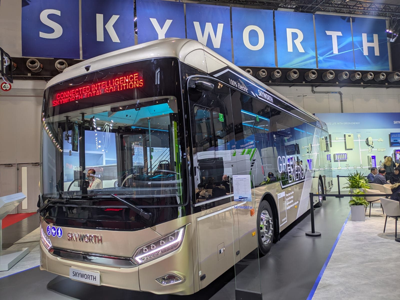 Skyworth Auto NJL6128BEV 12 m electric city bus on the Skyworth stand at Busworld Europe 2025 in Brussels