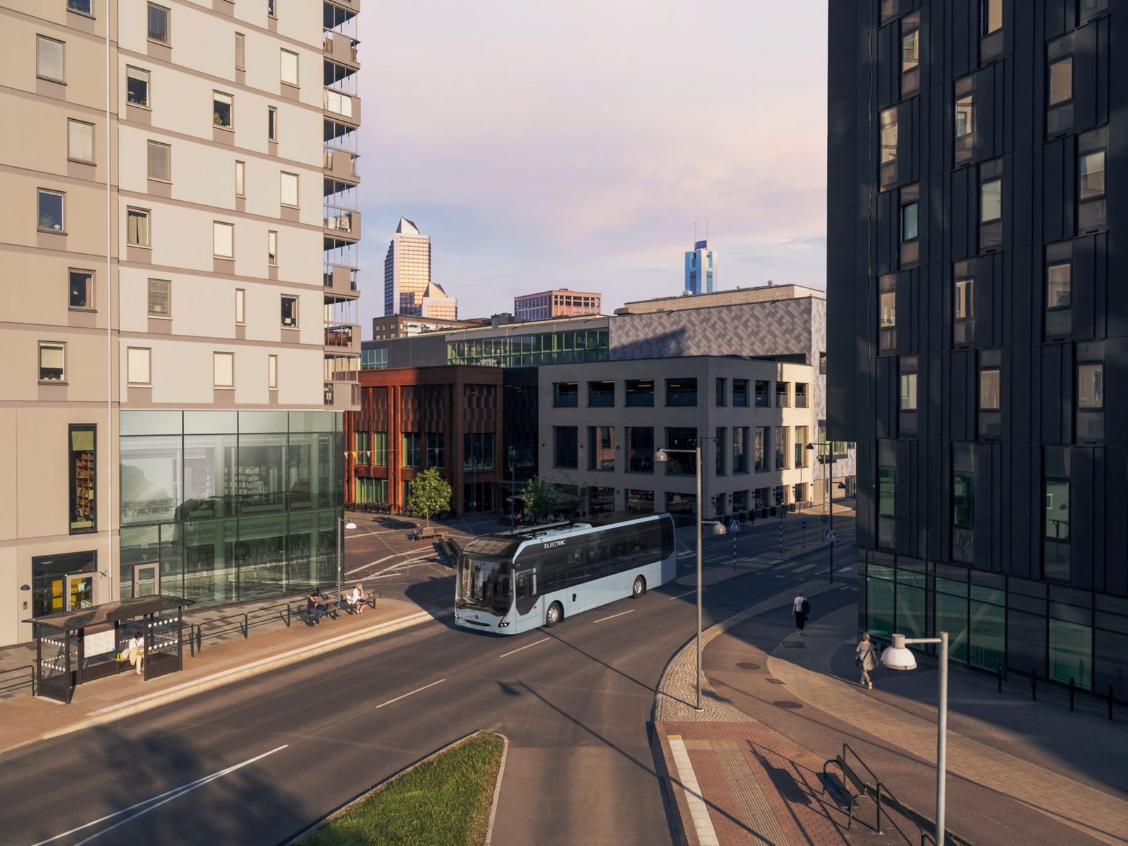 Volvo 7900 Electric leaving a bus stop in a city centre